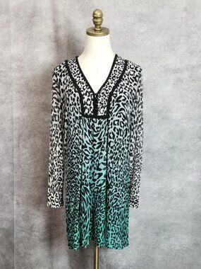 Ali Miles Art to Wear Tunic Leopard Print Mesh Overlay V-Neck Size L Lagenlook